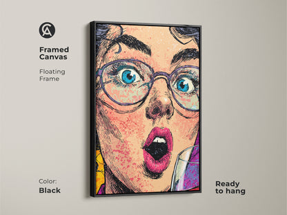 A framed canvas of a pop artwork woman with a floating black frame. The art piece is ready to hang. It adds a modern touch to any room decor. The artwork features a wine glass. It's a unique and expressive portrait canvas for office or home.