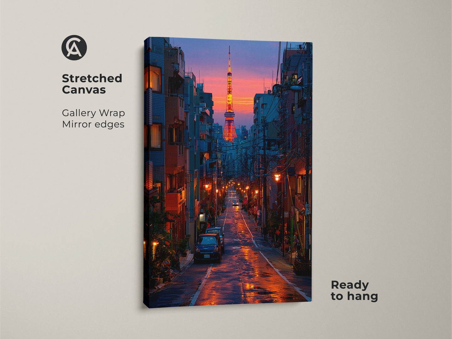 Stretched canvas gallery wrap of the Tokyo cityscape at dusk. This urban scene decor showcases deep blue and orange art tones. The Tokyo Tower print is ready to hang with mirrored edges. A perfect travel gift for Tokyo lovers. The contemporary artwork adds a touch of Japanese architecture to any home.