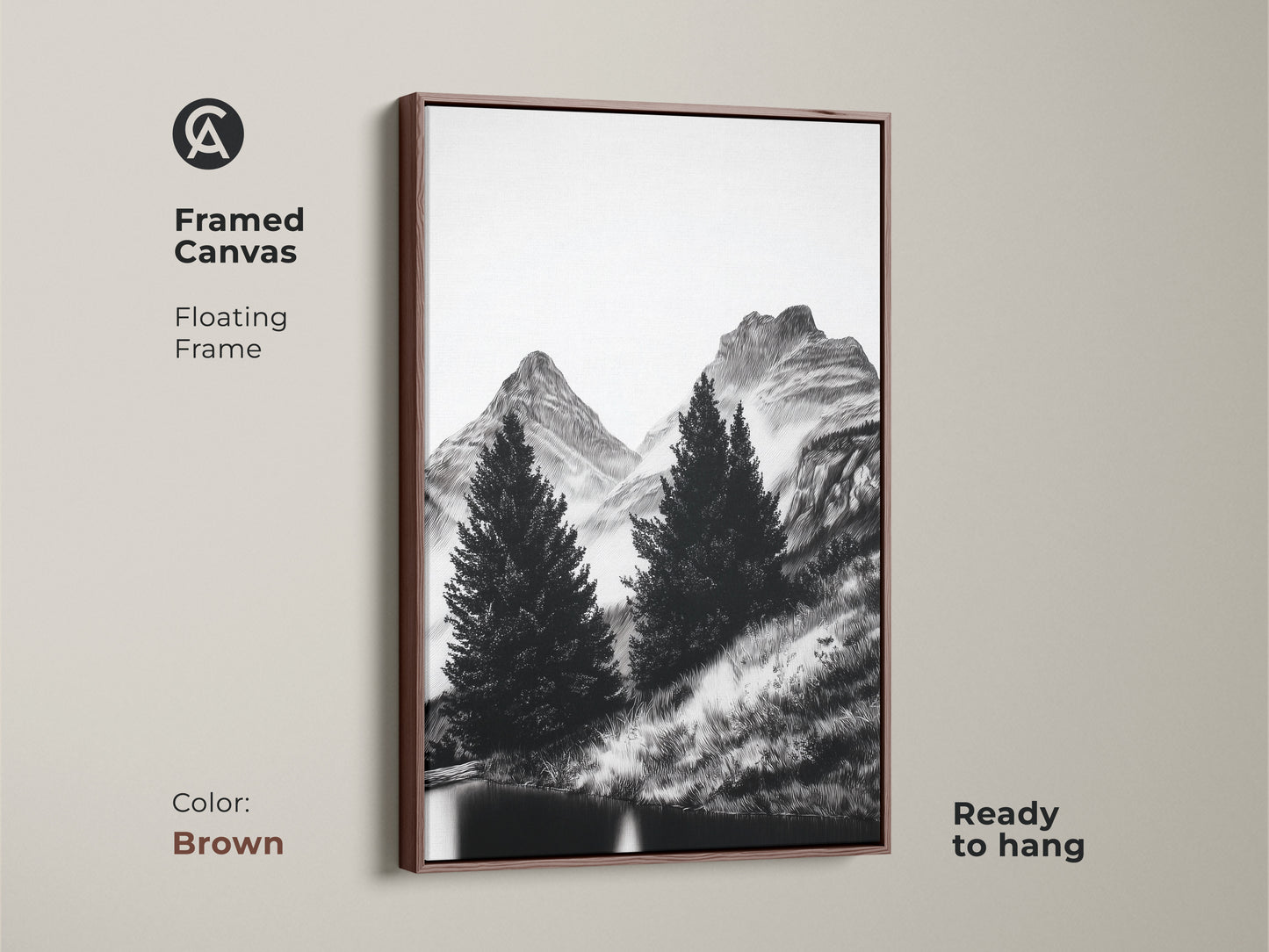 Framed canvas presenting a minimalist mountain landscape with a brown floating frame. This black and white artwork features pine trees and mountains ideal for creating a cozy home decor. Ready to hang this nature landscape art is a beautiful accent.