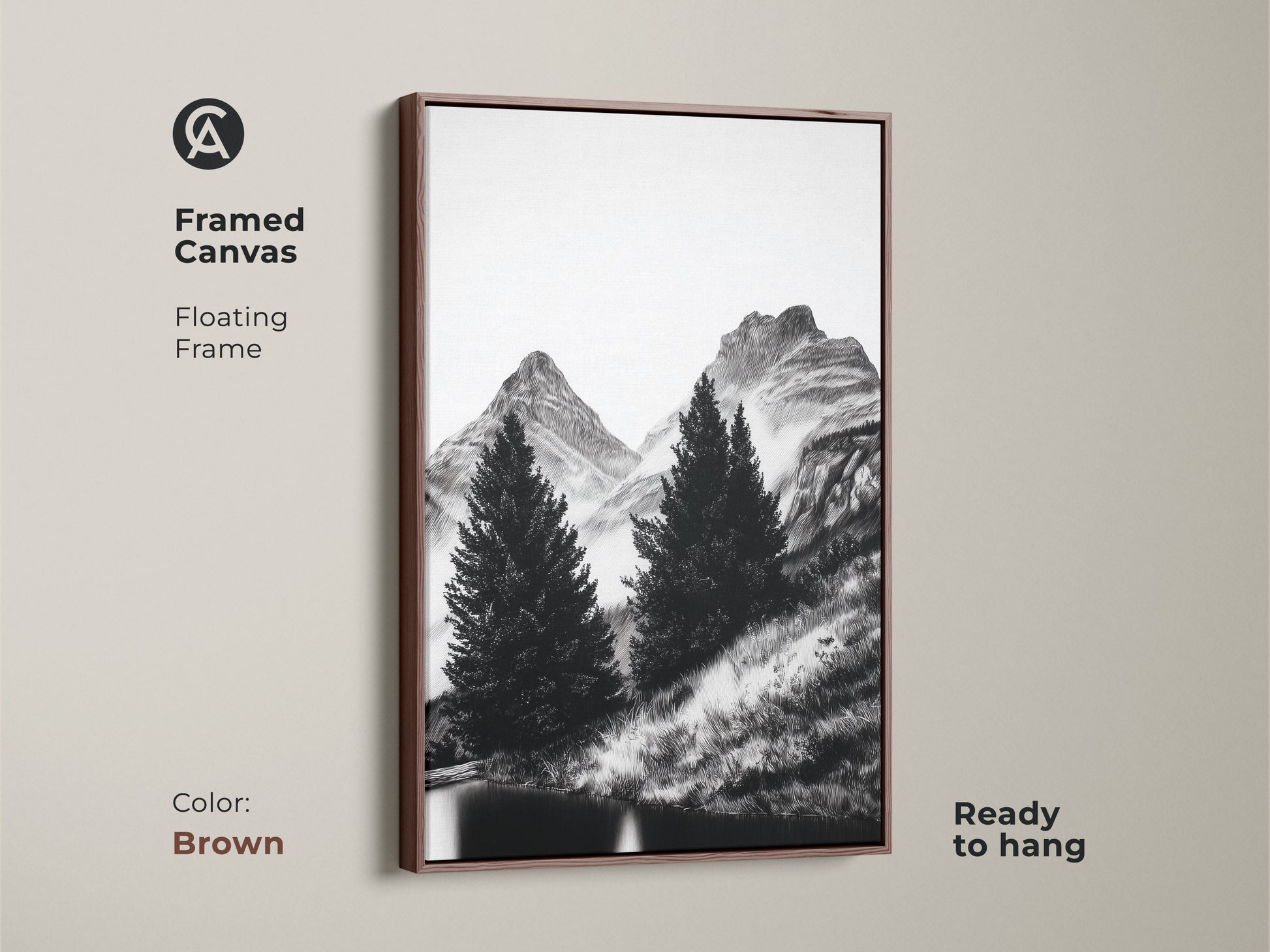 Framed canvas presenting a minimalist mountain landscape with a brown floating frame. This black and white artwork features pine trees and mountains ideal for creating a cozy home decor. Ready to hang this nature landscape art is a beautiful accent.