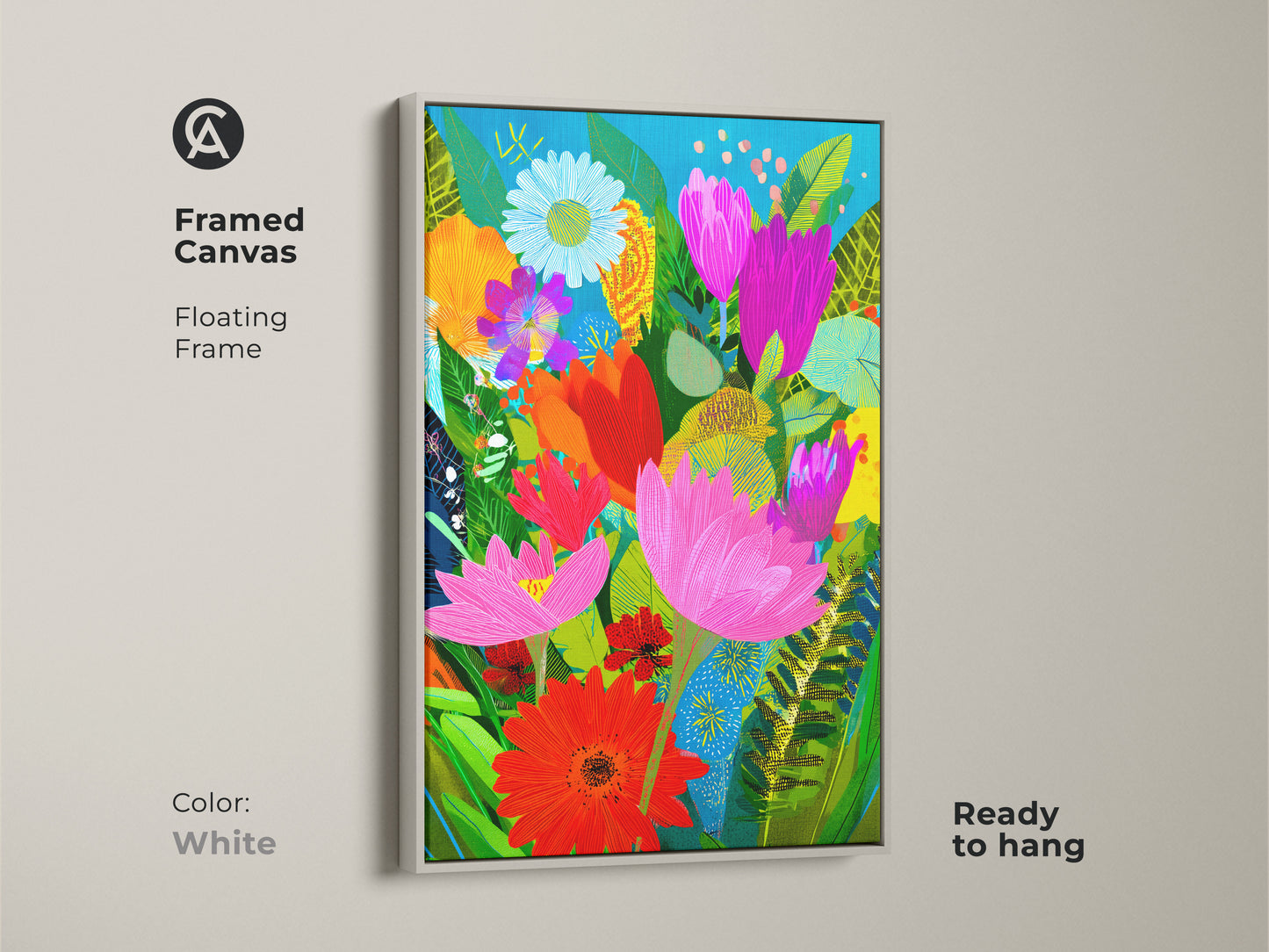 White framed canvas of abstract floral wall art. Clean botanical art print for modern boho spaces. The colorful flower art is a vibrant modern folk art piece. Ready to hang with a floating frame. A fresh choice for plant lovers.