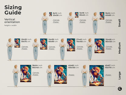 Sizing guide for artwork. See the vertical orientation height and width. Available in small medium and large sizes. Choose canvas or poster prints. Find the perfect size for your space. Decorate with this great artwork.