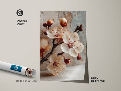 Poster print of cherry blossoms rolled in a tube ready to frame. This minimalist floral print offers easy spring decor. Soft peach wall art showcases delicate flowers.