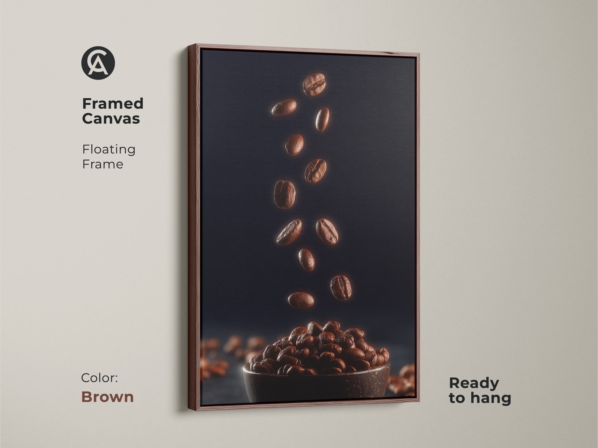 Framed canvas with a floating brown frame featuring falling coffee beans. This modern kitchen artwork has rich brown coffee beans against a deep navy backdrop. Ready to hang this is the perfect gift for coffee lovers or a sophisticated cafe interior.