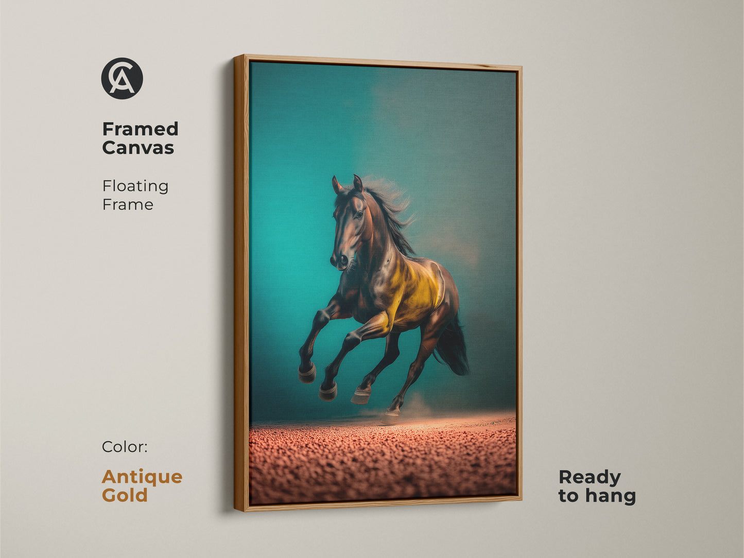 A framed canvas of a running horse artwork in a floating antique gold frame. This equestrian print features a teal background with brown and gold accents. Ready to hang this animal art is perfect for home or office decor. A striking piece for wildlife art enthusiasts. Enhance your space with this sophisticated horse painting.