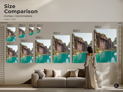 Size comparison of the cliff face teal lake art print. Various sizes are showcased in inches and centimeters. See how the artwork fits above a sofa. Visualize the impact of this nature scenery canvas art in your living room. Perfect for modern home decor.