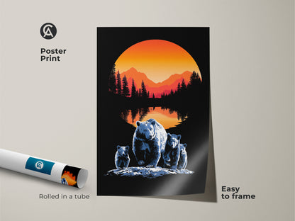 Poster print of bear family art rolled in a tube for easy framing. Sunset nature print features a flat artwork of an animal family. This modern farmhouse forest animal print is a scenic view poster. Perfect nature inspired wall art.