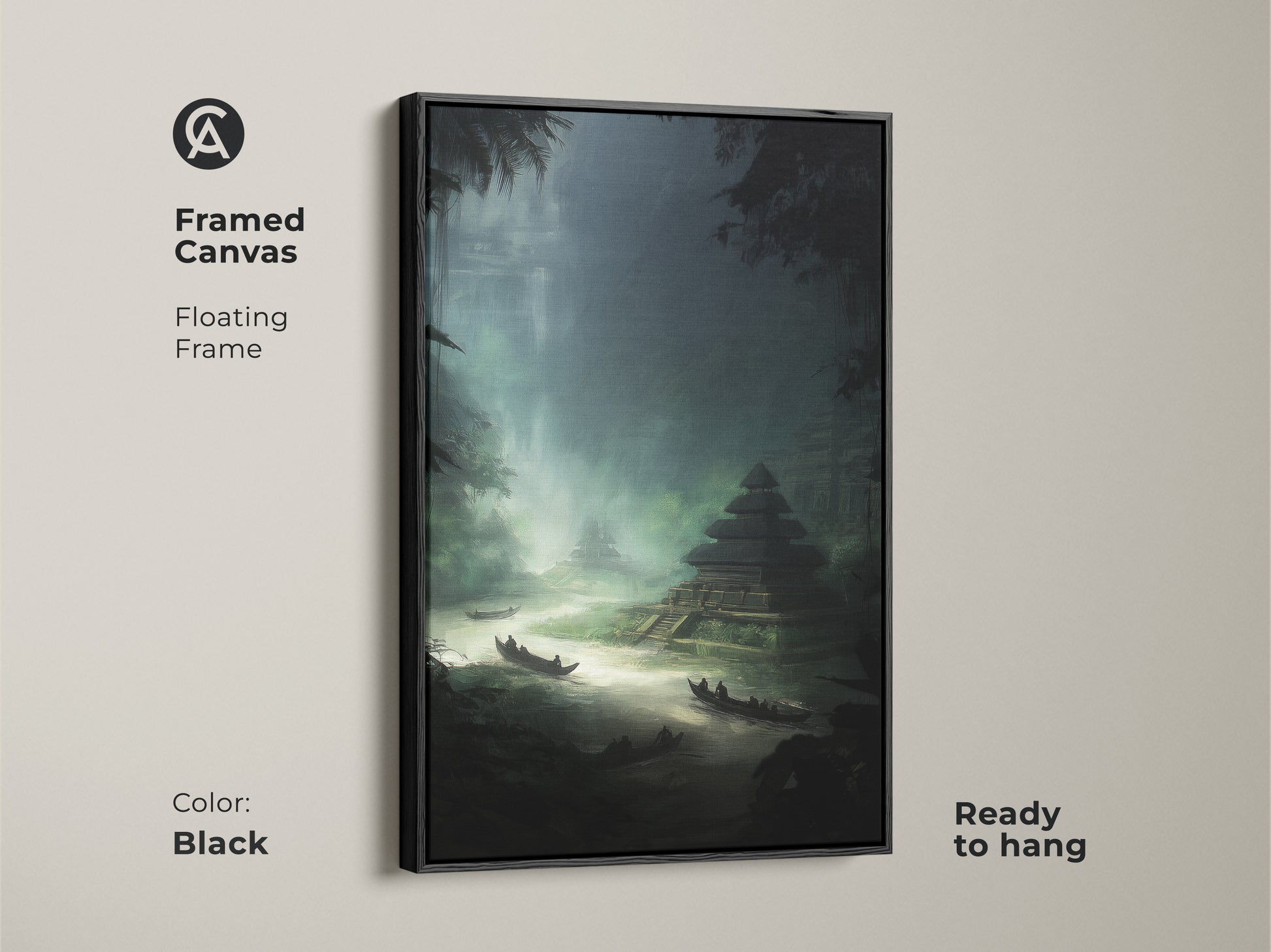 Black framed canvas of an emerald jungle temple. This forest green river landscape art with a floating frame adds a touch of wonder. The mystical jungle scene artwork is ready to hang. This temple ruins wall decor is perfect for travel enthusiasts.