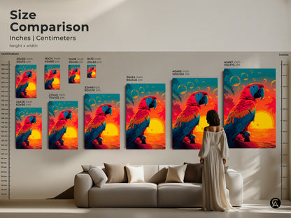 Size comparison of parrot artwork featuring a colorful parrot and sunset. Various sizes are displayed in inches and centimeters. See how the artwork looks in a living room setting. Find the perfect size to enhance your home decor today.