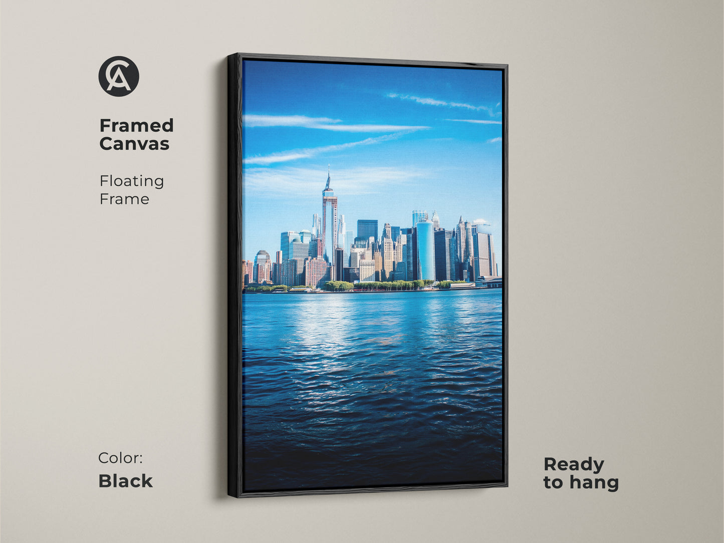 Framed canvas of the New York City skyline art with a floating black frame. Ready to hang modern architecture wall art bringing a bright blue toned city skyline to any modern home office.