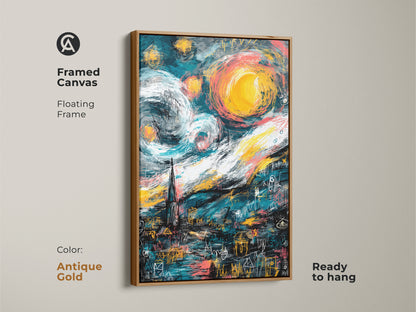 Adorn your walls with this framed canvas artwork. It includes a floating frame in antique gold. A modern rendition of Van Gogh's Starry Night. Ready to hang and infuse your space with artistic elegance.