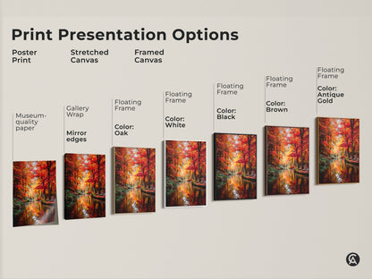 Explore print presentation options for this autumn forest art. Choose from poster prints stretched canvases and framed canvases. Options include gallery wrap mirror edges and floating frames in colors like black brown antique gold and white. Find the perfect style to showcase this stunning river landscape print.