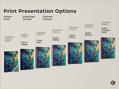 Explore print presentation options. Poster print stretched canvas and framed canvas are showcased. See gallery wrap museum-quality paper and floating frame options. Multiple color options are available including Oak White Black Brown Antique Gold