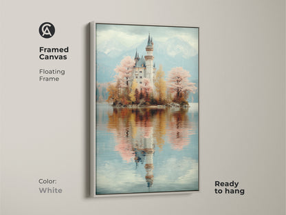 Framed Canvas featuring a Pastel Castle Poster with a floating white frame. This romantic castle wall hanging is ready to hang. The artwork is great eclectic home decor. Perfect serene castle painting.