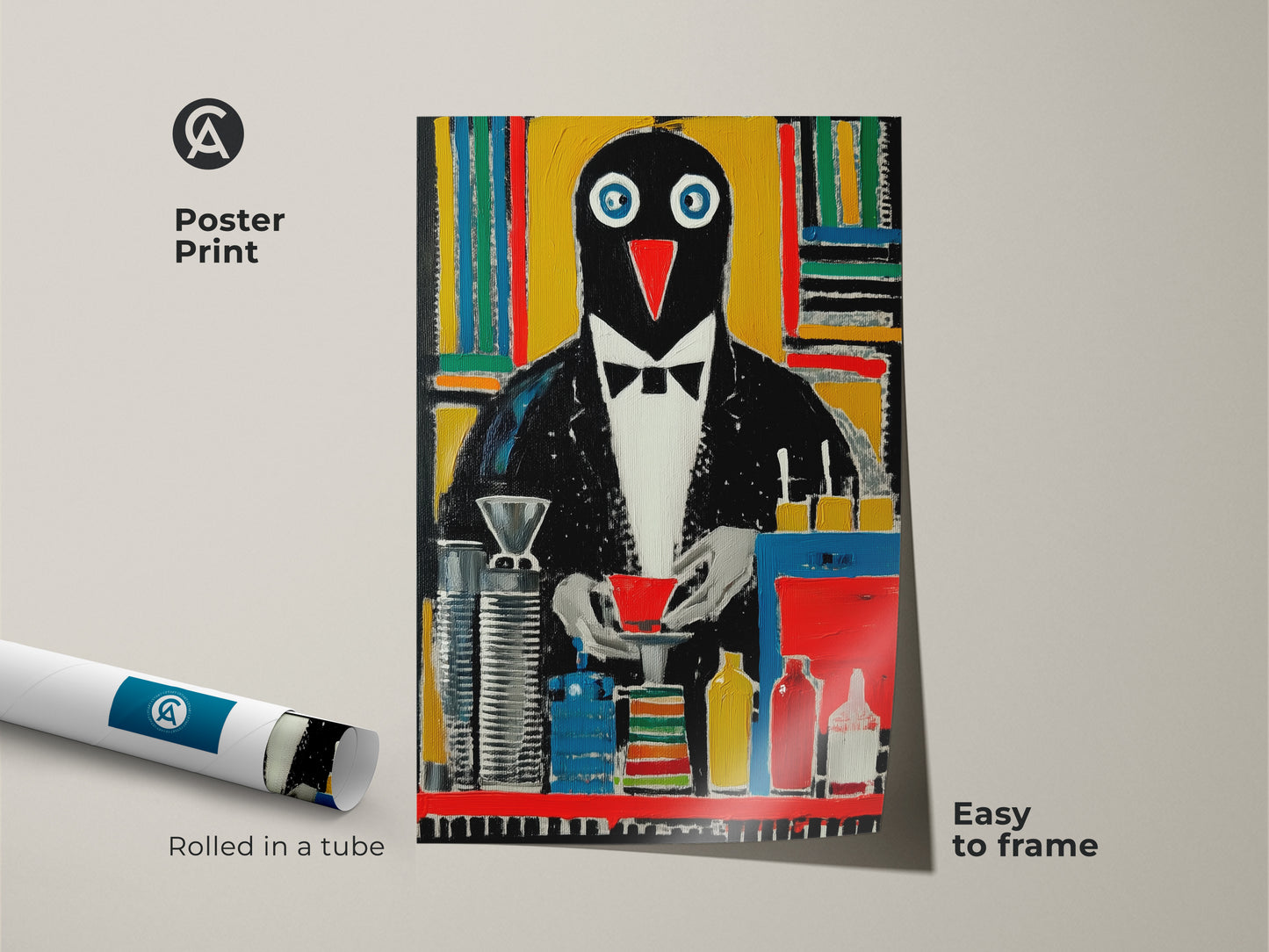Abstract penguin poster print rolled in a tube. The tuxedo bird is easy to frame. This modern abstract animal artwork is great as office or study decor. Get yours today