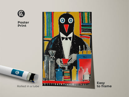 Abstract penguin poster print rolled in a tube. The tuxedo bird is easy to frame. This modern abstract animal artwork is great as office or study decor. Get yours today