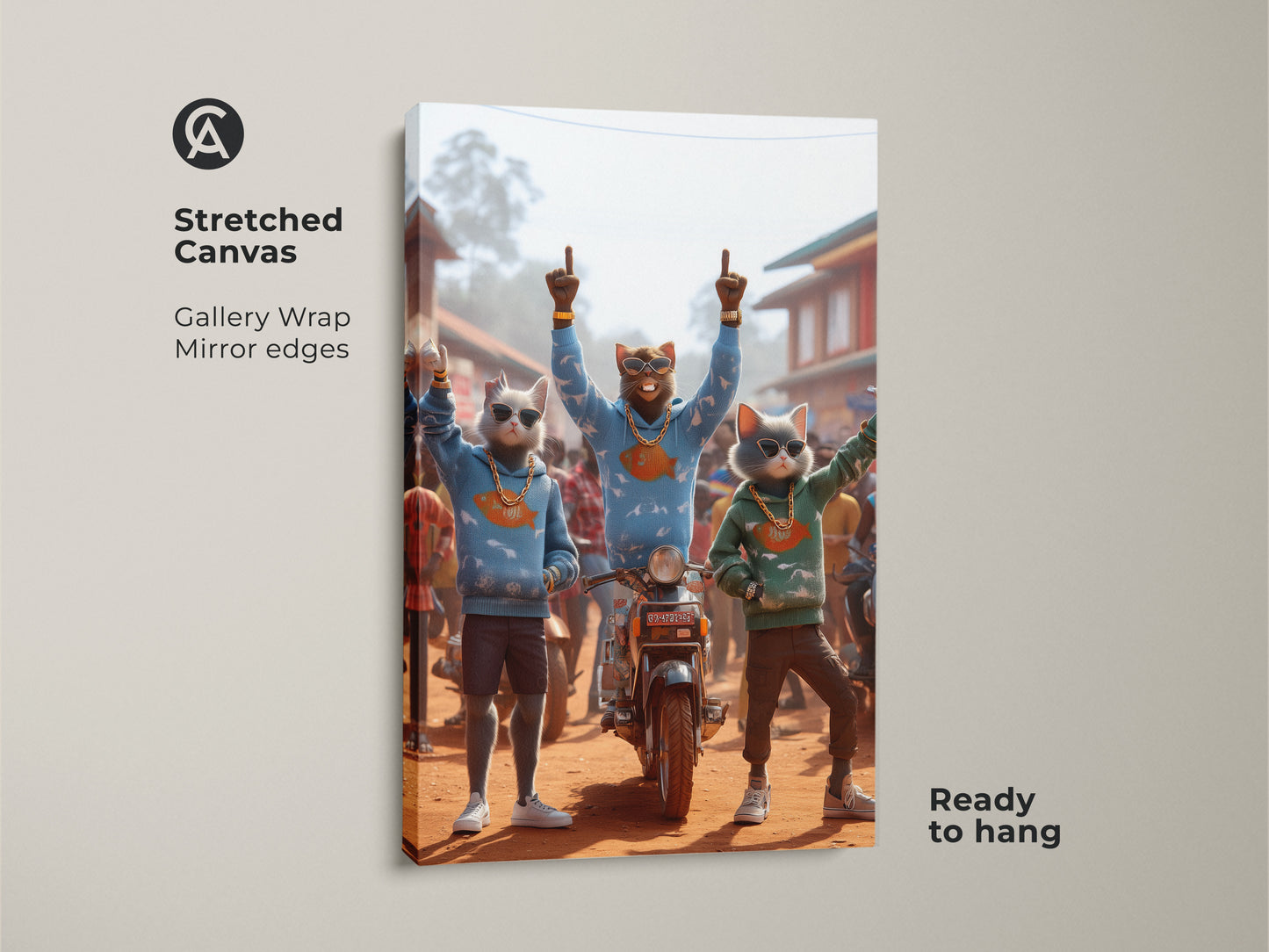 Stretched canvas art featuring three cat characters. The cats are dressed in street style clothing. The artwork is a gallery wrap with mirrored edges. This fun artwork is ready to hang. It will certainly be a conversation starter.