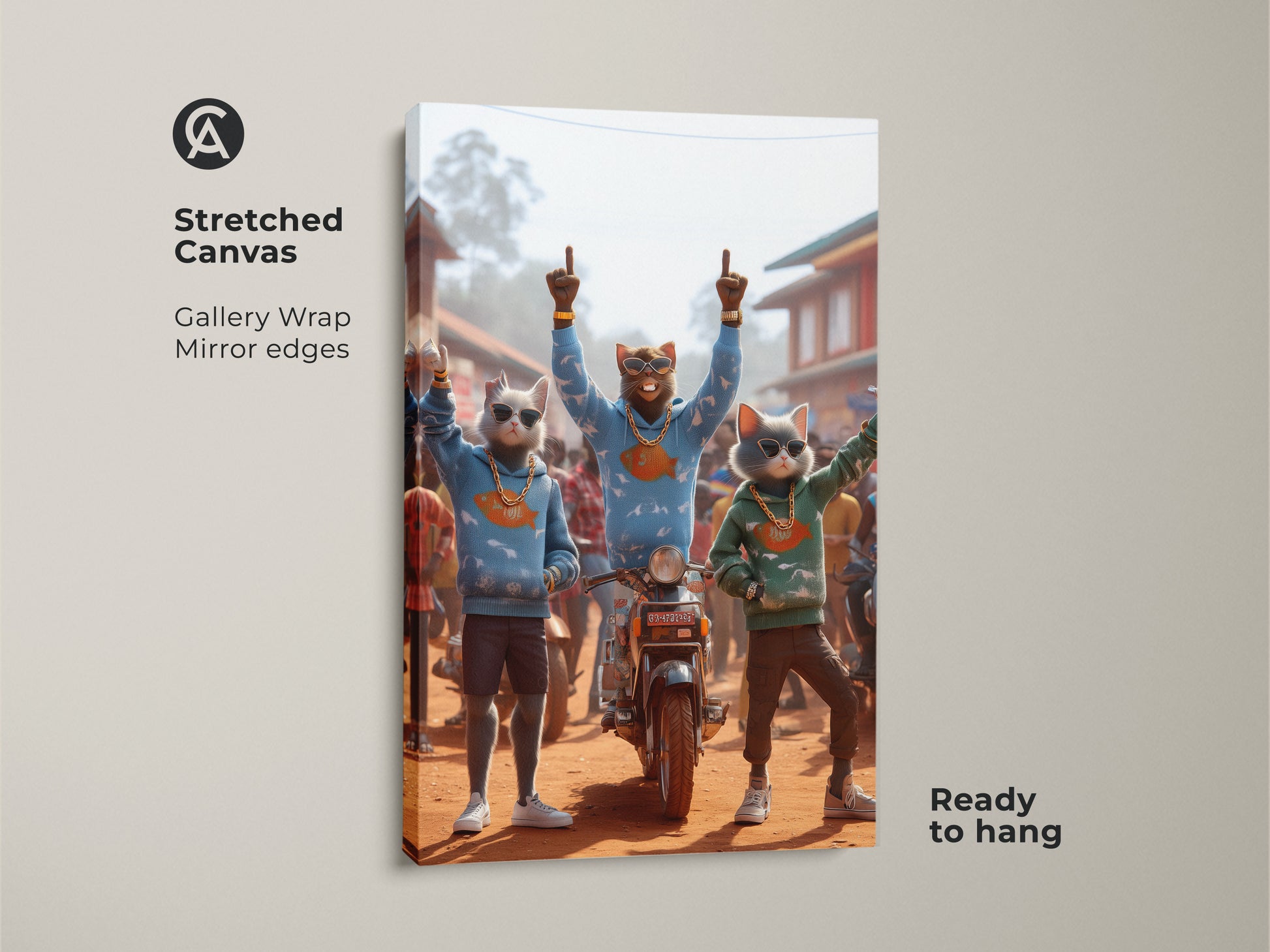 Stretched canvas art featuring three cat characters. The cats are dressed in street style clothing. The artwork is a gallery wrap with mirrored edges. This fun artwork is ready to hang. It will certainly be a conversation starter.