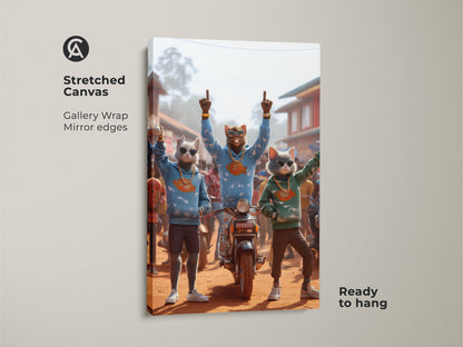 Stretched canvas art featuring three cat characters. The cats are dressed in street style clothing. The artwork is a gallery wrap with mirrored edges. This fun artwork is ready to hang. It will certainly be a conversation starter.