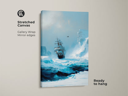 Stretched canvas of a tall ship navigating arctic waters. This nautical sailing wall art features an ocean blue seascape. This maritime adventure decor is ready to hang.