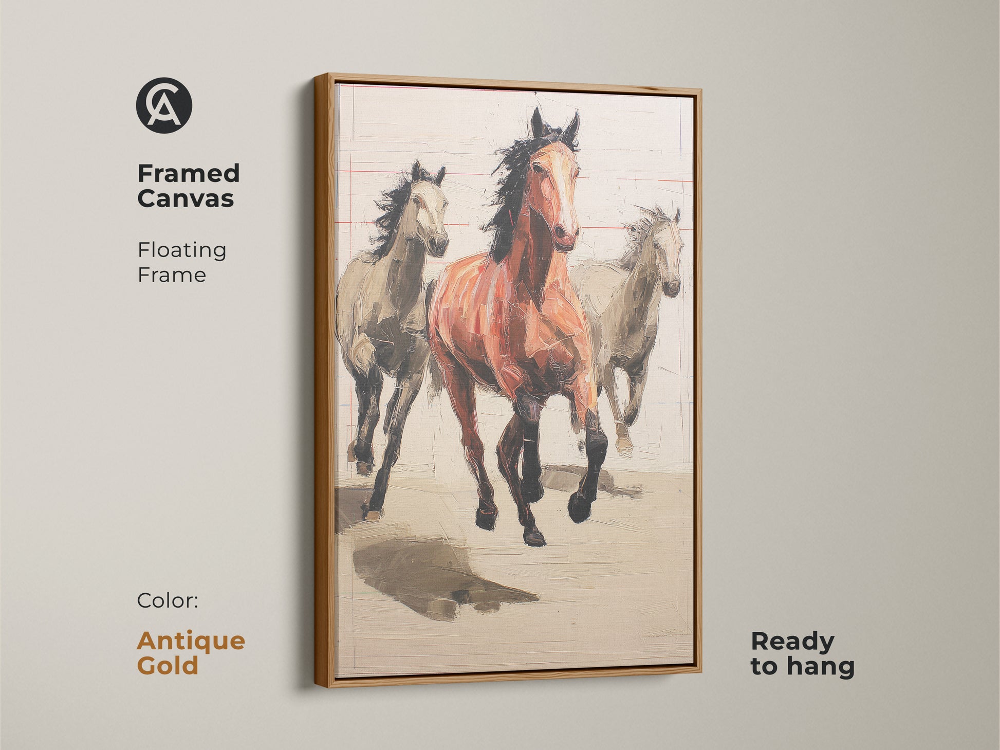 Framed canvas with an antique gold floating frame displaying horse art. Terracotta and beige tones create a rustic feel. Great earth tone horse painting for western style wall art.