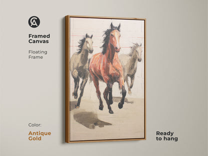Framed canvas with an antique gold floating frame displaying horse art. Terracotta and beige tones create a rustic feel. Great earth tone horse painting for western style wall art.