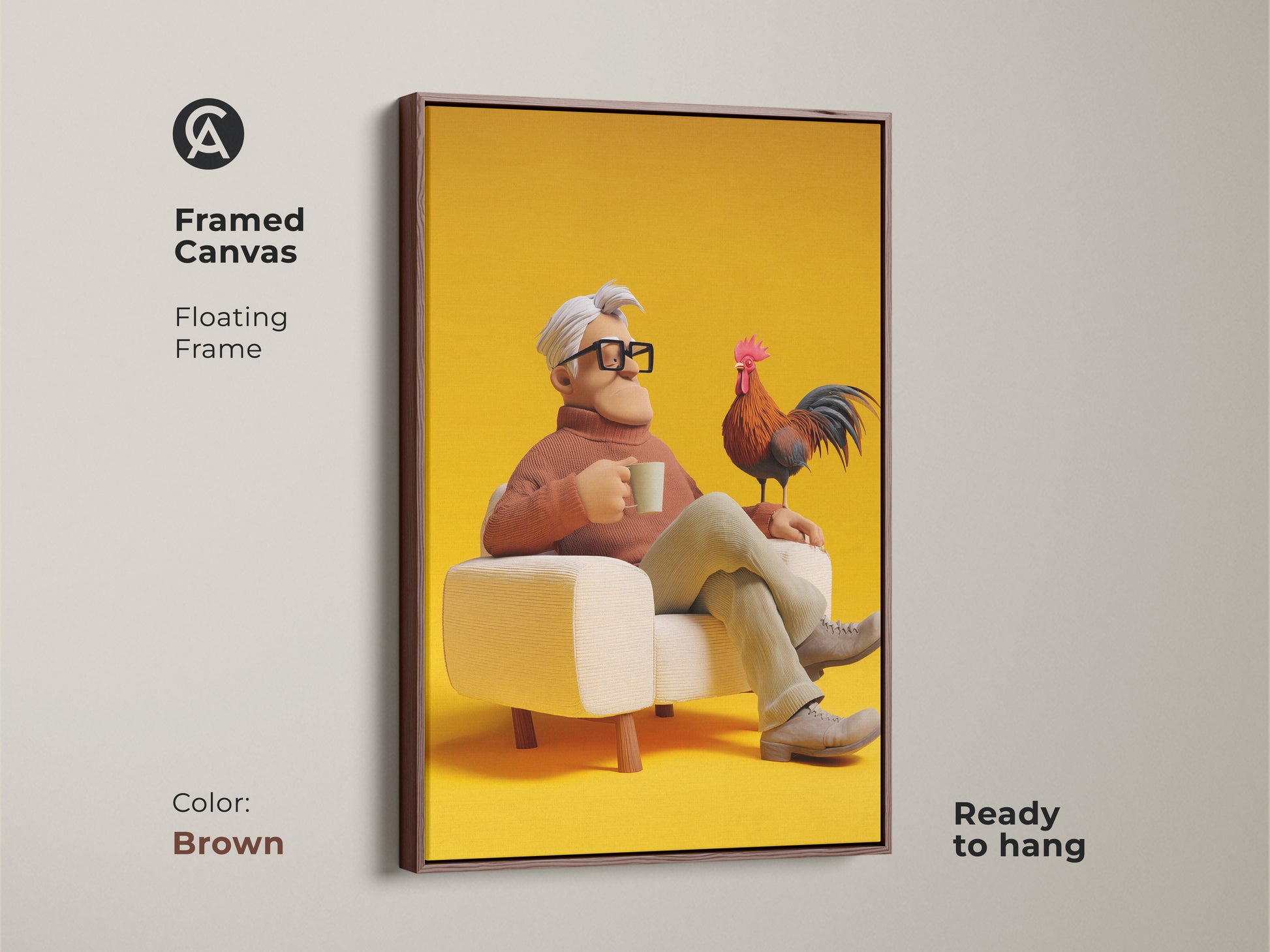 Framed canvas art featuring a man with a rooster. This floating frame is finished in brown. The orange tan wall art complements any eclectic home. This 3D render animal art is ready to hang. A unique gift for bird lovers. Enhance your den decor with this artistic character artwork.