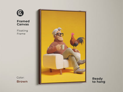 Framed canvas art featuring a man with a rooster. This floating frame is finished in brown. The orange tan wall art complements any eclectic home. This 3D render animal art is ready to hang. A unique gift for bird lovers. Enhance your den decor with this artistic character artwork.