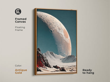 Framed canvas art featuring a surreal cratered planet scene. The lunar white art comes in an antique gold floating frame. Ready to hang this contemporary piece adds an astronomical touch. Ideal for a home office or living room. A great gift for those who love sci-fi art.