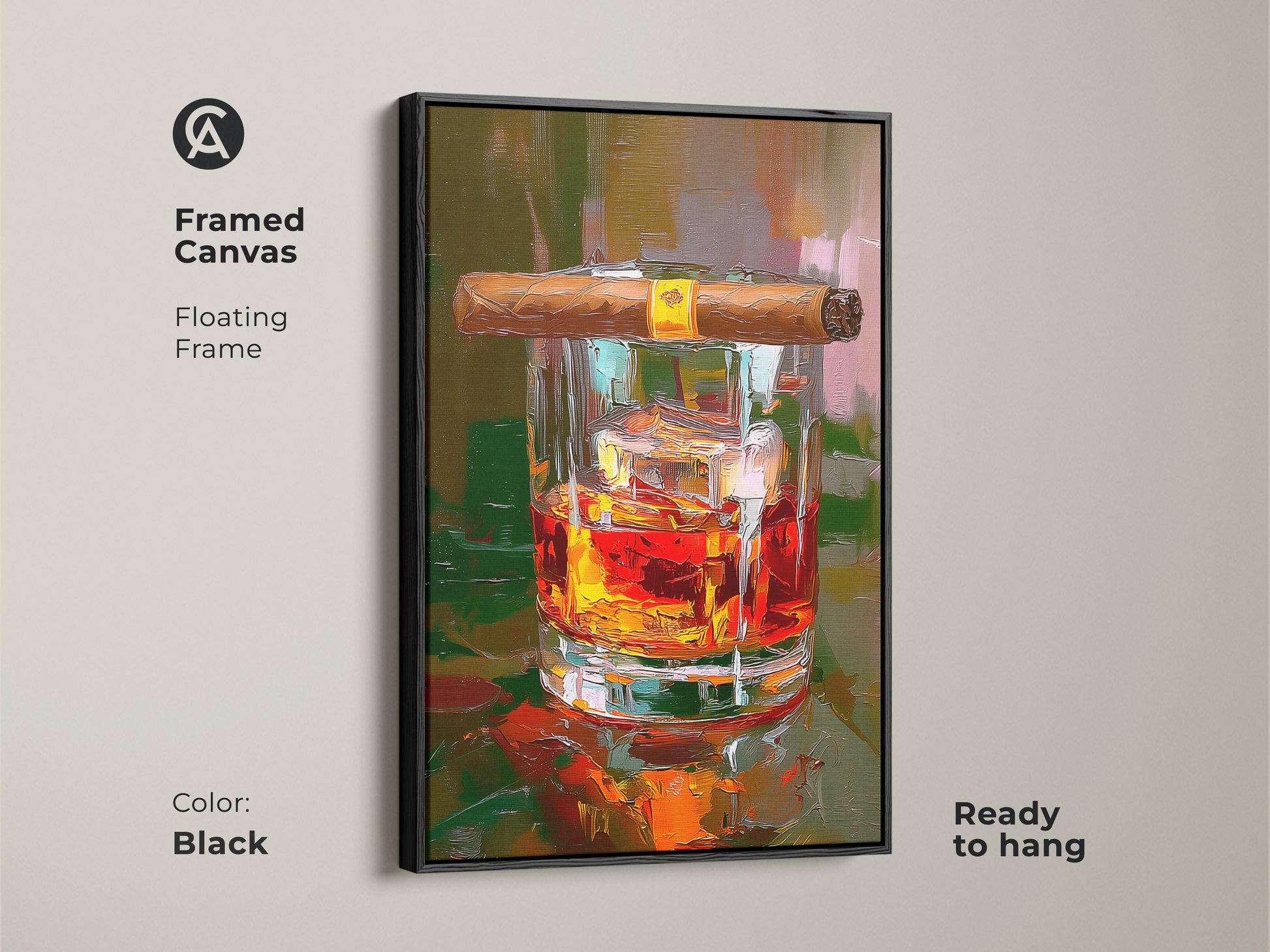This framed canvas features amber orange whiskey and cigar art in a floating black frame. This piece is ready to hang. Its impressionistic style enhances a modern bar area. Perfect for man cave decor the bourbon drink artwork adds sophistication. Ideal alcohol beverage art.