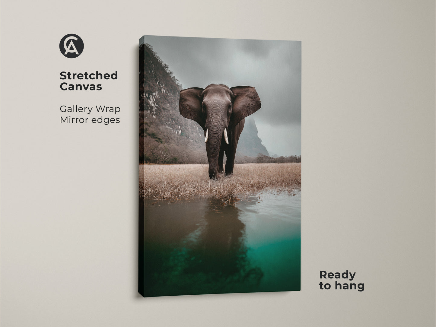 Stretched canvas of an elephant in a savanna landscape ready to hang. The gallery wrap and mirror edges enhance the photorealistic animal print. Ideal eclectic home decor wall art for animal lovers. The teal water adds a striking contrast to the brown landscape. A unique housewarming gift.