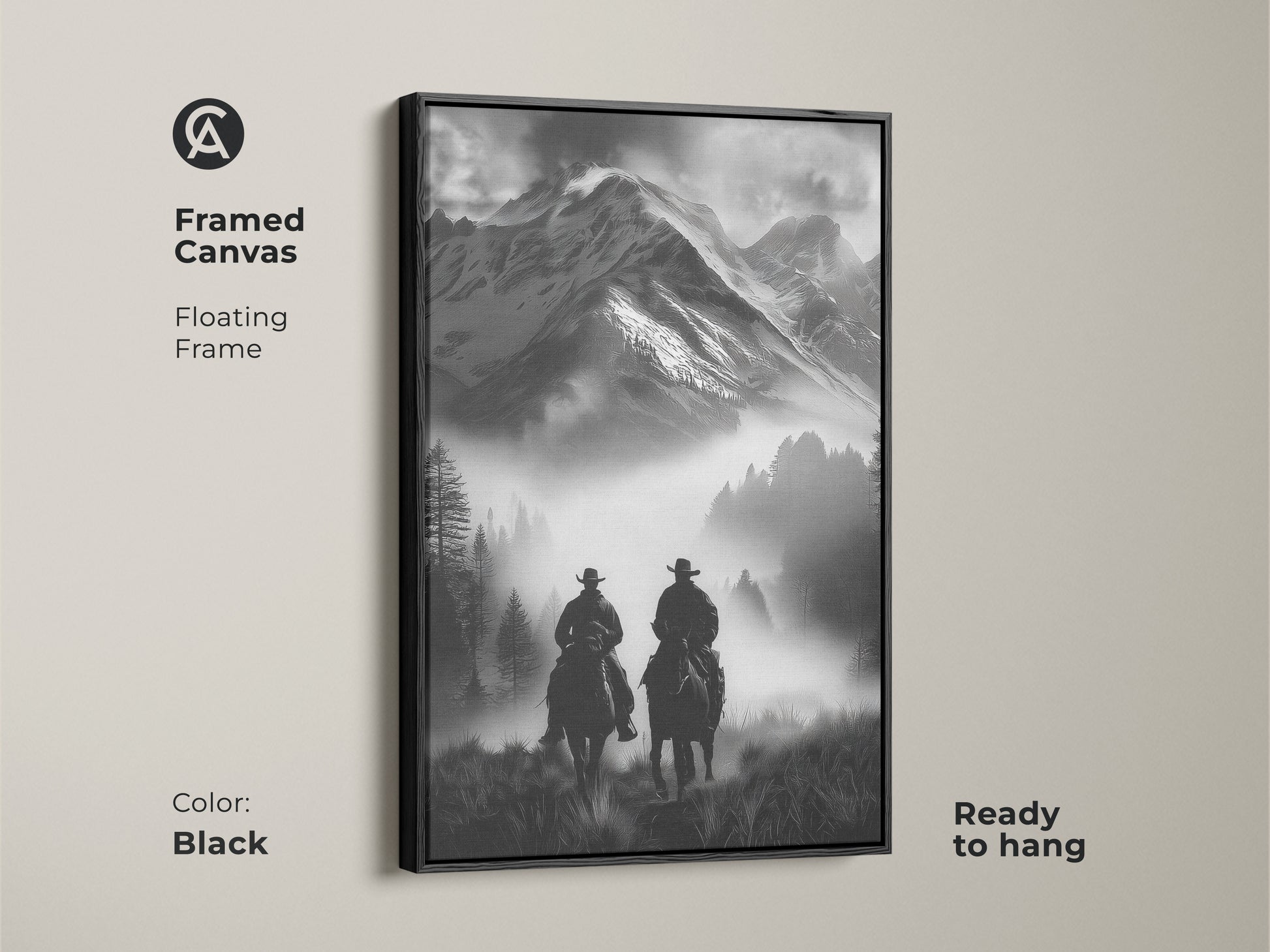 Framed canvas in black featuring a monochrome cowboy art. The floating frame showcases this horseback riding canvas ready to hang. The rustic mountain wall art is perfect for western enthusiasts.
