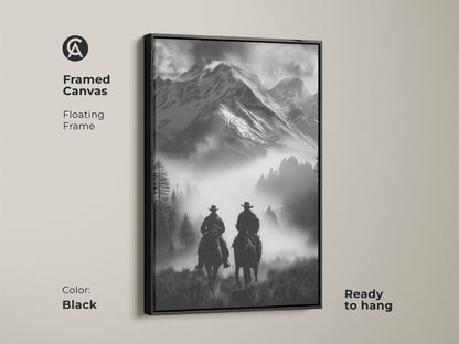 Framed canvas in black featuring a monochrome cowboy art. The floating frame showcases this horseback riding canvas ready to hang. The rustic mountain wall art is perfect for western enthusiasts.
