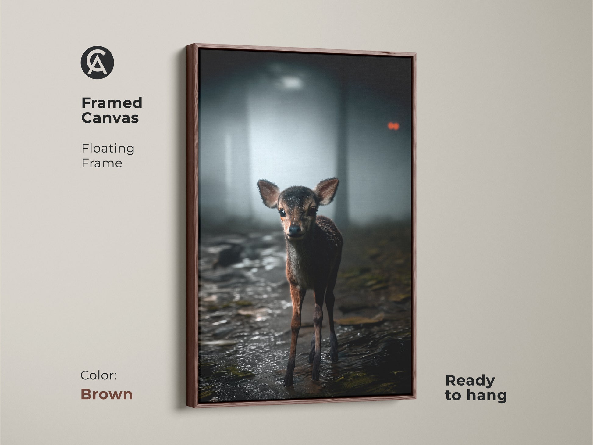 This framed canvas with floating frame showcases a photorealistic fawn in a misty forest. With a brown frame the rustic wildlife decor warms any room. Ideal for nature lovers this animal nursery art adds cozy rustic cabin charm. Ready to hang art.