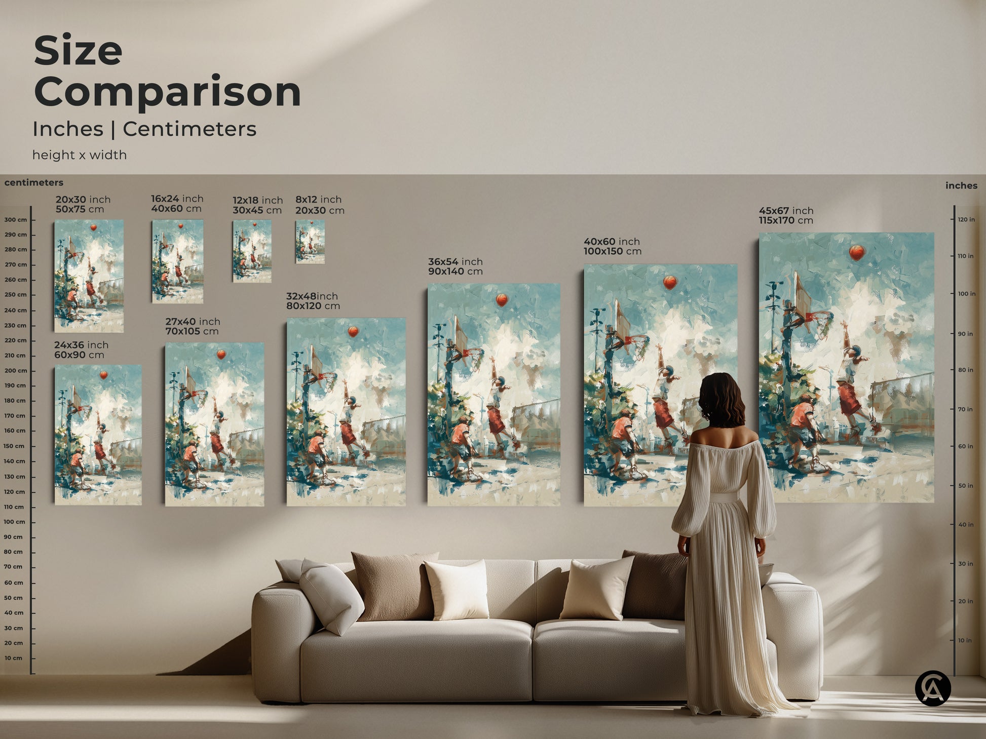 Compare sizes of our basketball art prints. See how each canvas and poster fits in a living space. Available in various inches and centimeters. Find the perfect scale for your home decor. Elevate your interior with our unique artwork today
