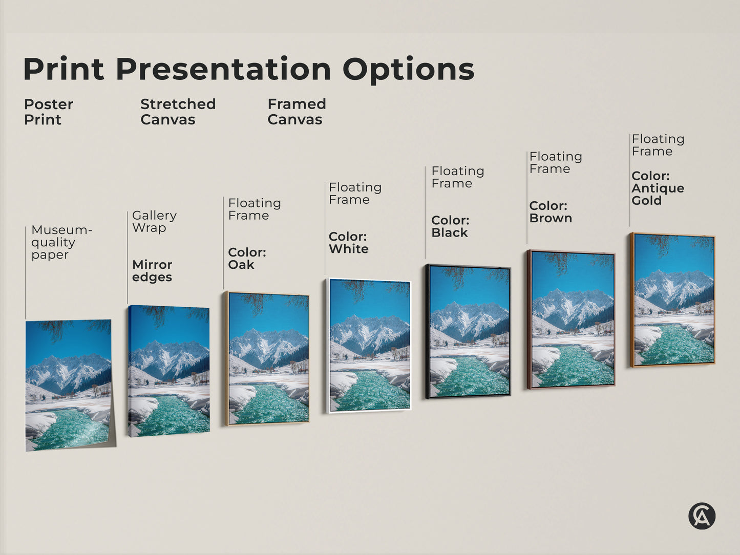 Explore print presentation options with a poster print stretched and framed canvases. Choose from various floating frame colors such as oak white black brown antique gold. Find the perfect winter mountain landscape art for your space.