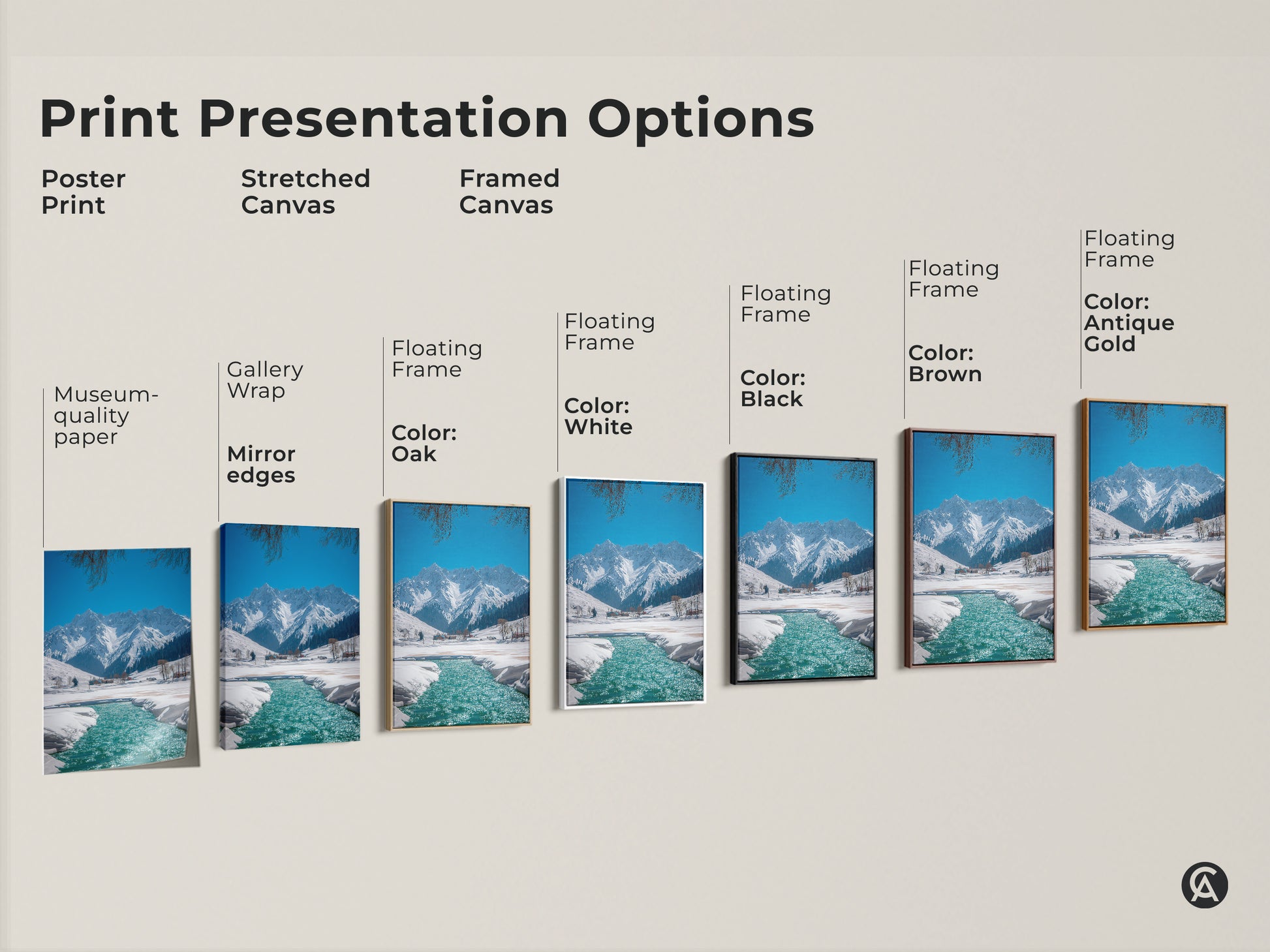 Explore print presentation options with a poster print stretched and framed canvases. Choose from various floating frame colors such as oak white black brown antique gold. Find the perfect winter mountain landscape art for your space.