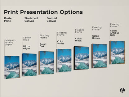 Explore print presentation options with a poster print stretched and framed canvases. Choose from various floating frame colors such as oak white black brown antique gold. Find the perfect winter mountain landscape art for your space.