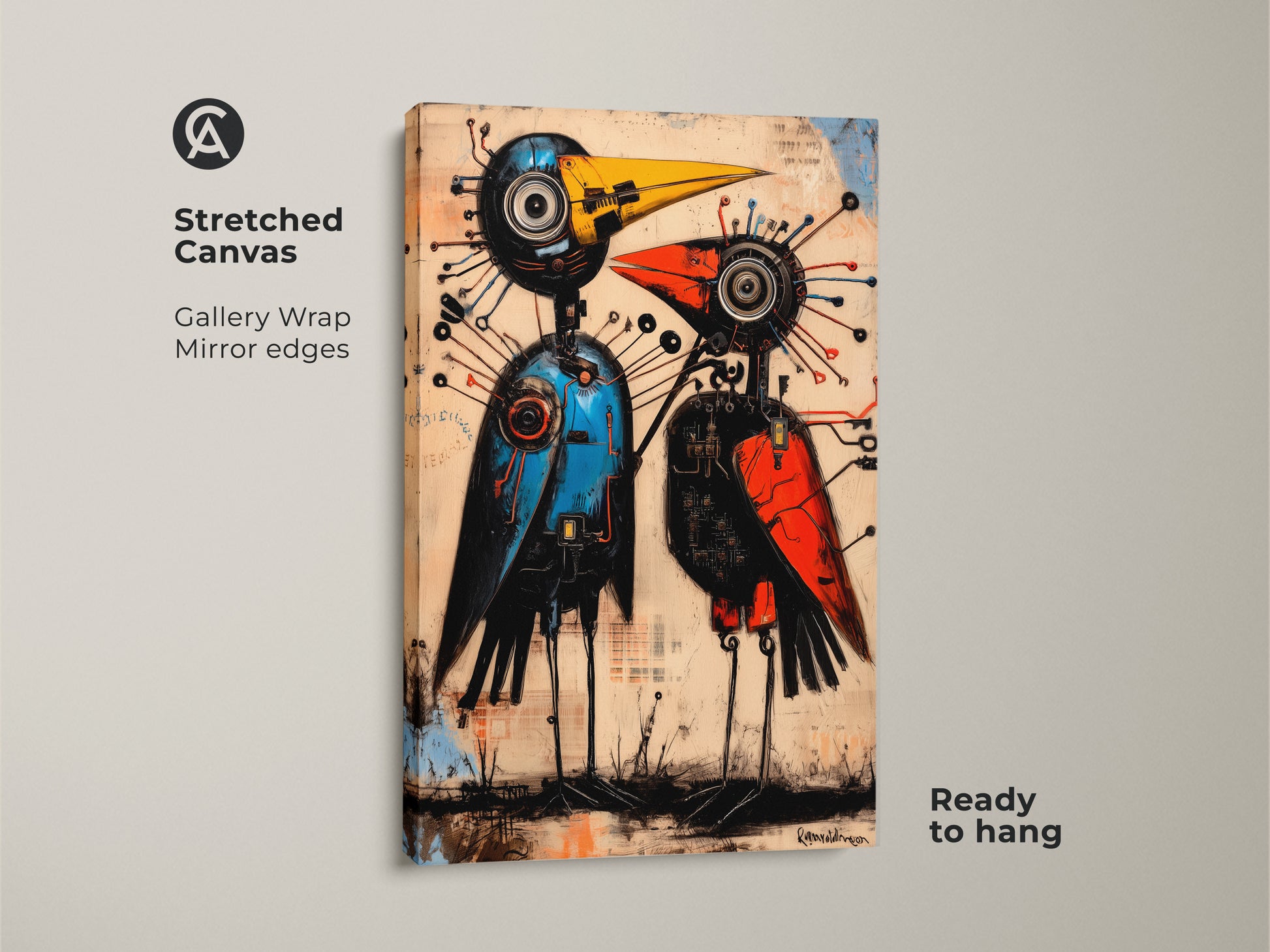Abstract mechanical bird canvas art stretched on canvas. A steampunk robot wall decor piece with gallery wrap and mirrored edges. This orange and blue abstract painting adds an eclectic touch to home decor art. The robot bird wall art is ready to hang.