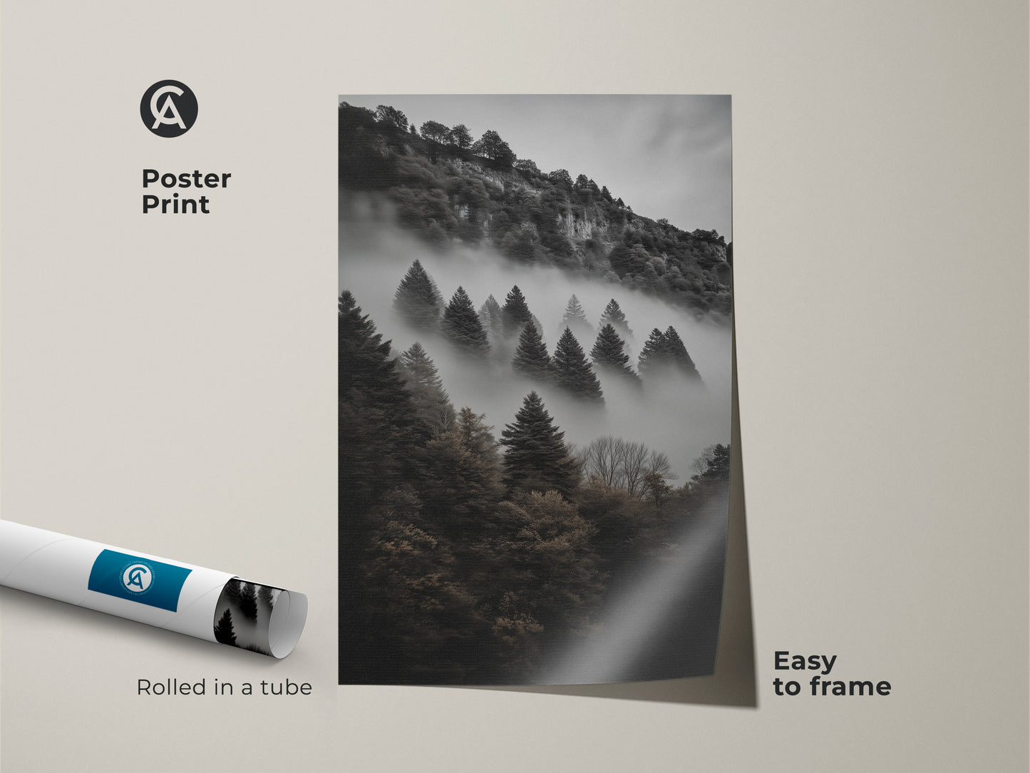 Poster print of a dark green forest. This monochrome mountain wall art showcases pine trees in a foggy landscape. Easy to frame modern nature art. An atmospheric forest canvas. This black and gray landscape print is rolled in a tube and perfect as a gift.