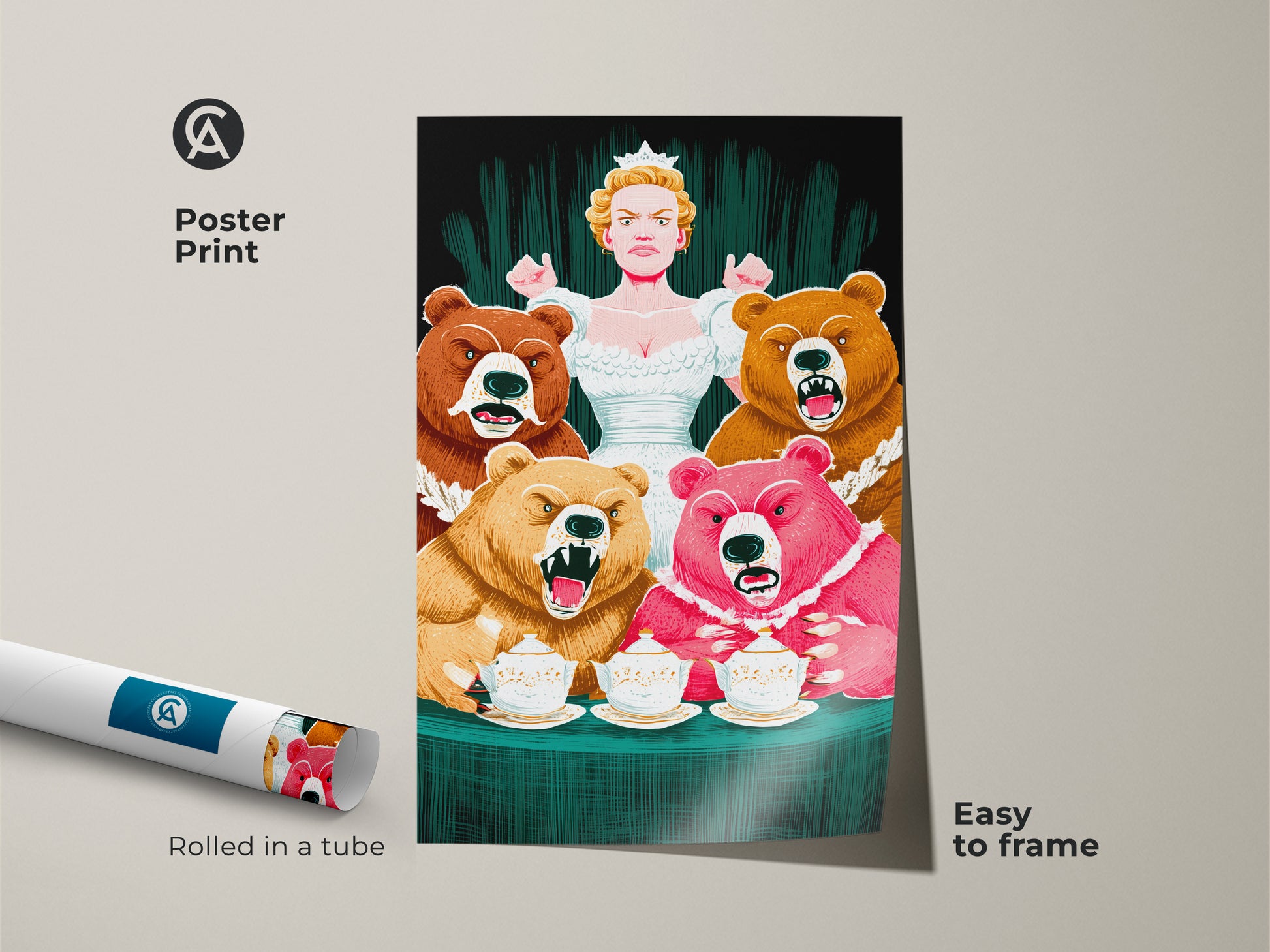 Poster print of the fantasy Bear Queen art. This eclectic animal wall art is rolled in a tube and easy to frame. Its vibrant pink orange and emerald colors make it unique. The fairytale home decor gift is great for study or office.