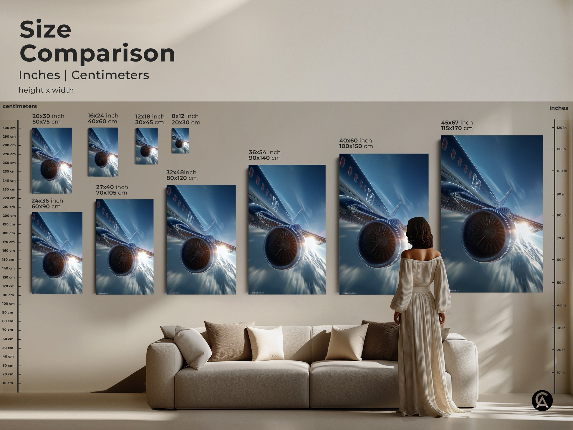 Size comparison of modern aviation canvas art prints in inches and centimeters. See how the futuristic jet engine artwork fits above a couch. Visualize the impact of different sizes in your living space. This sleek metallic artwork adds a contemporary touch to any room.