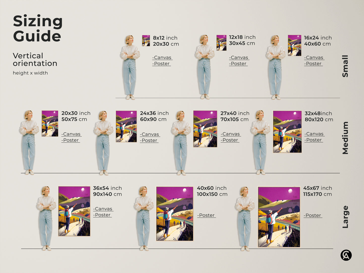 Sizing guide showing various sizes of hiking landscape canvas prints. Models display the flat art in different dimensions. The boho mountain wall art is perfect for any space. Find your ideal size.