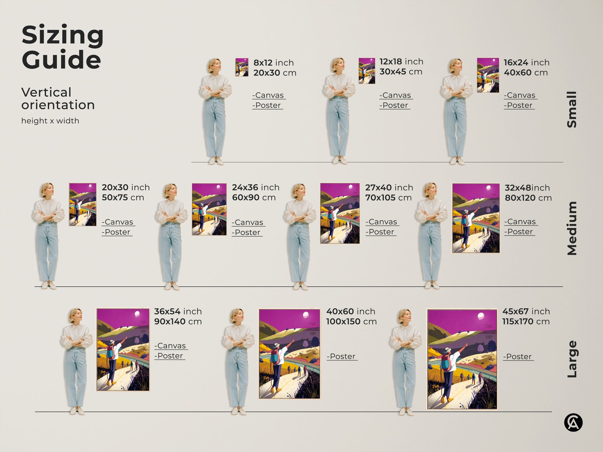 Sizing guide showing various sizes of hiking landscape canvas prints. Models display the flat art in different dimensions. The boho mountain wall art is perfect for any space. Find your ideal size.
