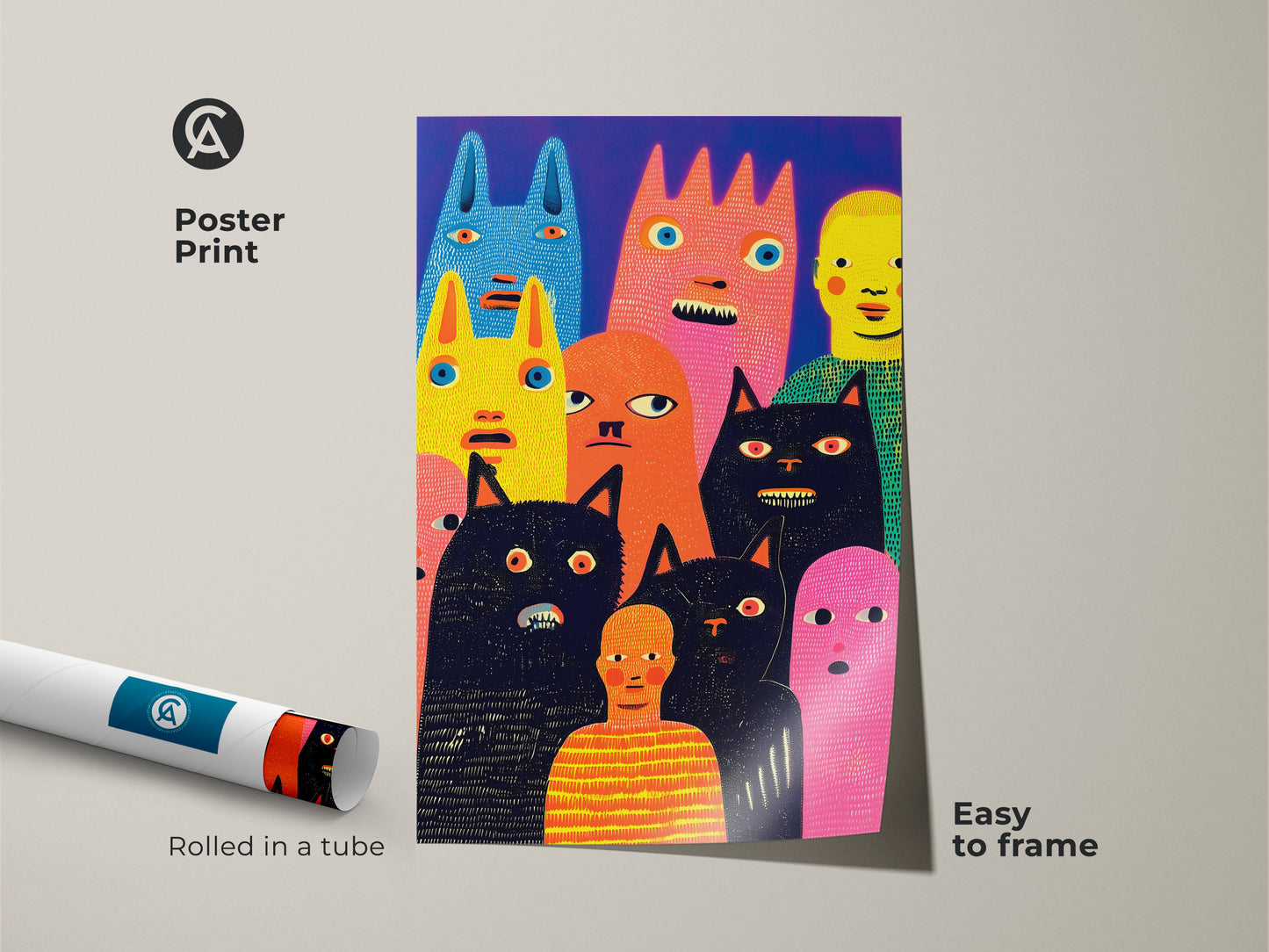 Poster print featuring whimsical characters. The art is in a modern style. Easy to frame and display. It features a collection of colorful figures and cats. Perfect for adding a pop of color to your space. Get this museum-quality paper print today.