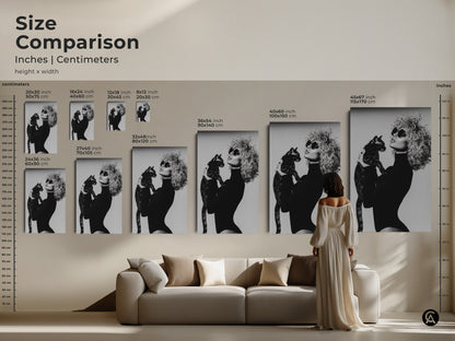 Size comparison of monochrome fashion artwork featuring a woman and cat in inches and centimeters. See how various sizes fit in a living room setting. This black and white contemporary art makes a chic home decor piece and a thoughtful gift for cat owners adding a touch of glamour.