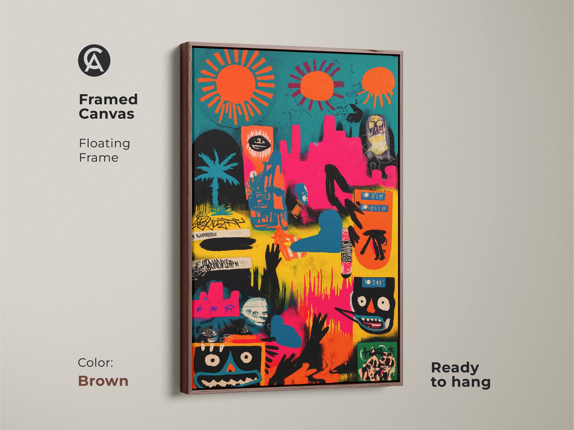 Framed canvas with a floating frame in brown. The abstract artwork is a vibrant and unique graffiti-style figures. This modern art piece is ready to hang. The framed canvas adds an artistic touch to your home decor
