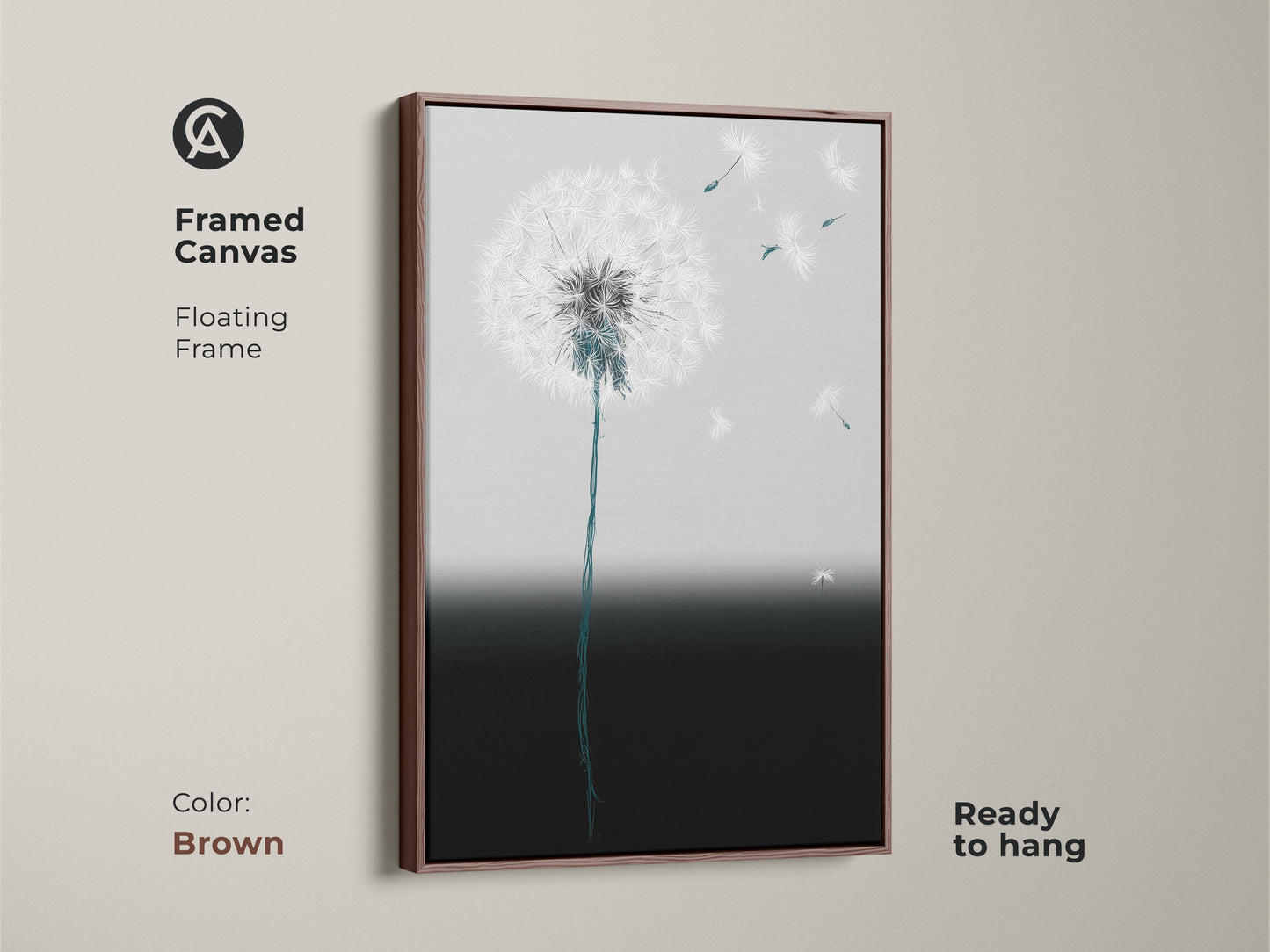 Framed minimalist dandelion art print. Brown floating frame enhances the abstract botanical artwork. Teal and gray seeds float gently. This contemporary canvas is ready to hang. It adds modern elegance to any room. The soft gradient art decor complements any space.