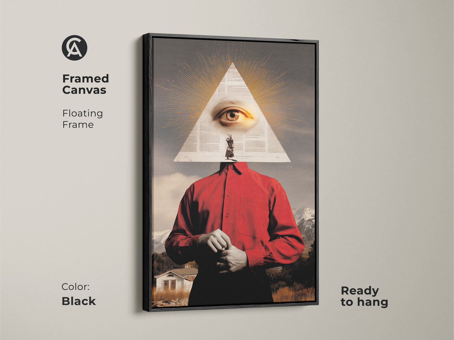 Framed canvas showcasing surreal eye mountain collage art with a sleek black floating frame. Red gold landscape wall art is ready to hang and enhances any room. It features a symbolic triangle eye print great for office or study. Elevate your space today