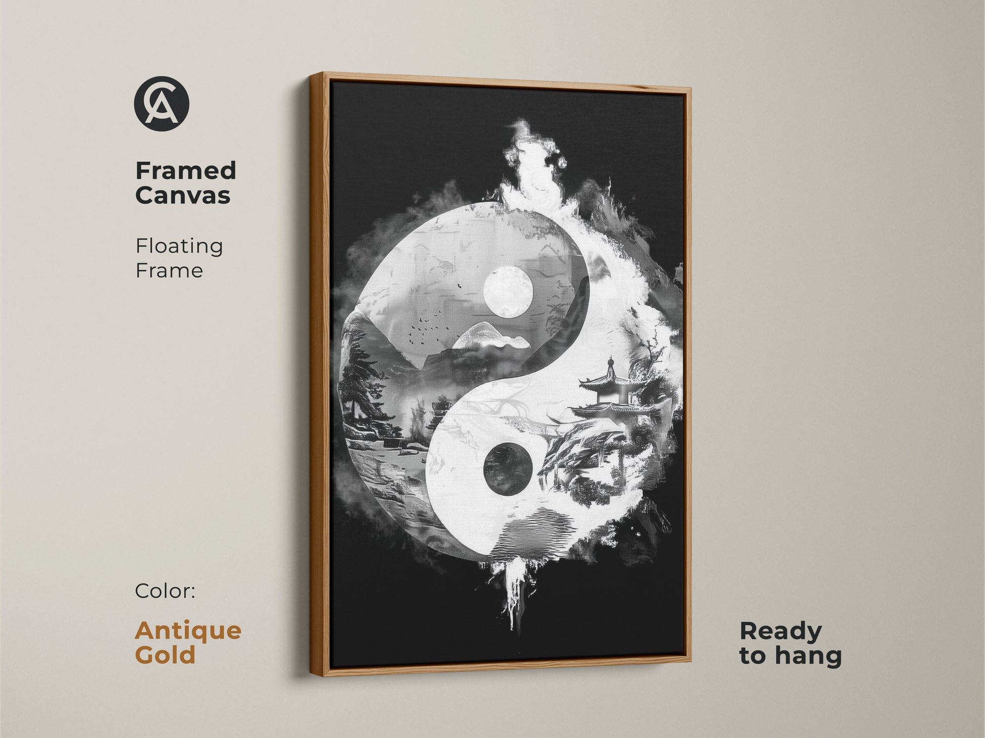 Framed canvas of Yin Yang abstract art with antique gold floating frame. Black and white surrealism brings zen balance. Ready to hang for contemplative office art. Ideal for Feng Shui wall art.